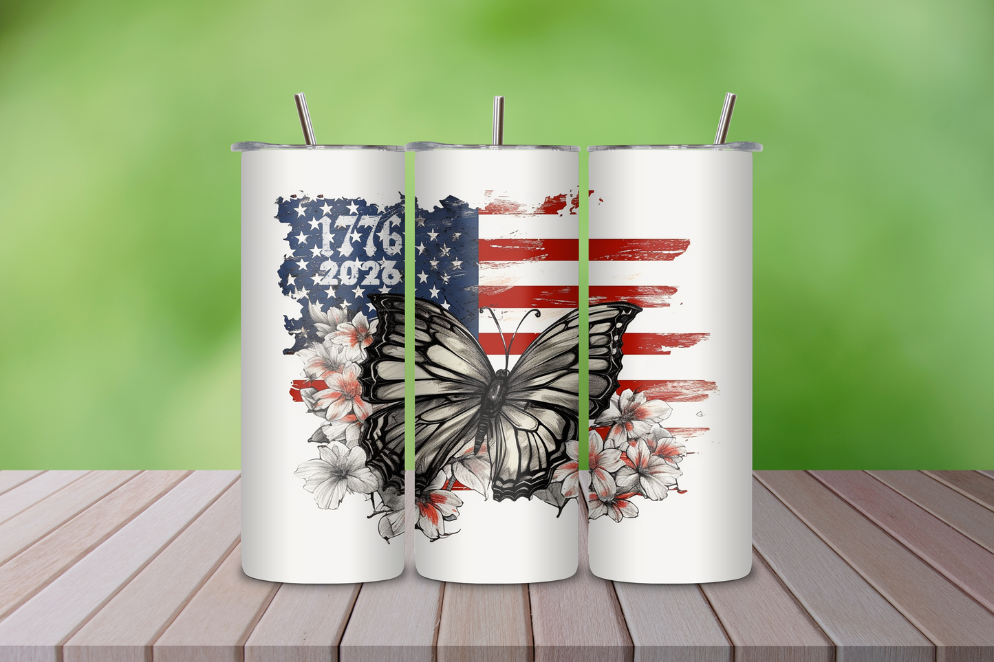 1776–2026 Patriotic Butterfly 20oz Skinny Tumbler | American Flag Floral Stainless Steel Cup | Veteran Inspired Gift