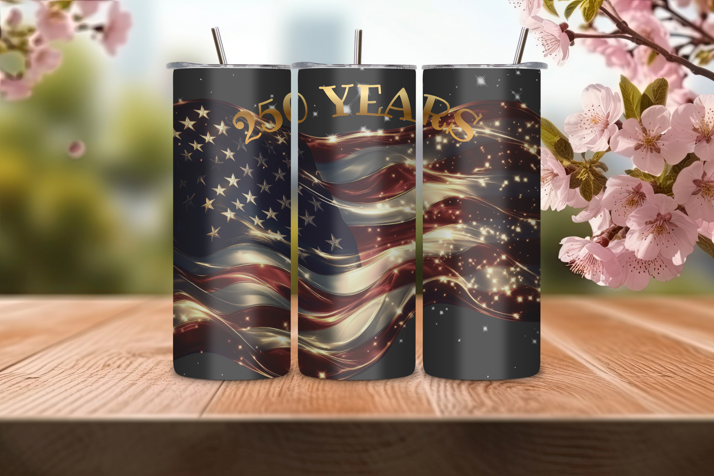 250 Years of Freedom 20oz Skinny Tumbler | Patriotic American Flag Glitter Design | USA Anniversary Travel Cup