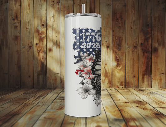1776–2026 Patriotic Butterfly 20oz Skinny Tumbler | American Flag Floral Stainless Steel Cup | Veteran Inspired Gift